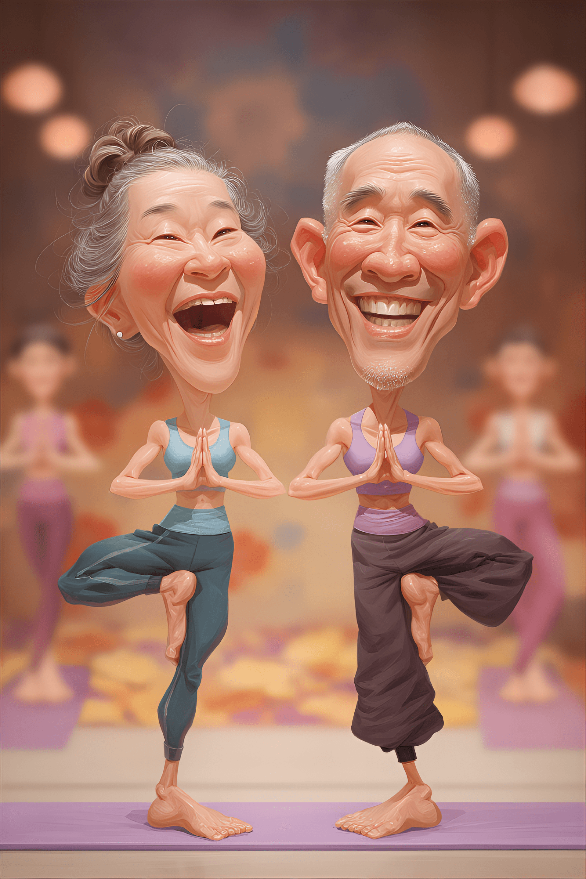 AI generated: funny caricature, joyful elderly yogis caricature, elderly asian couple, 72 years old, matching spor...