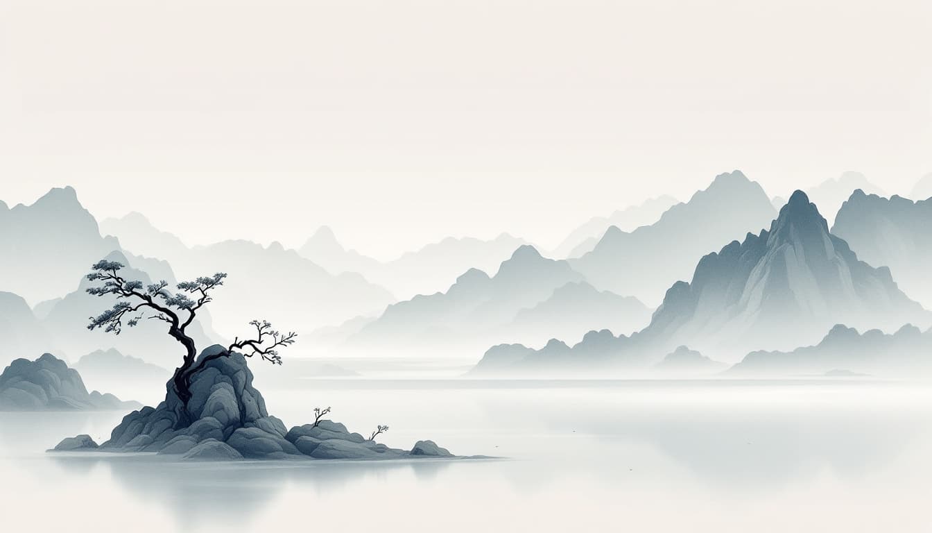 AI generated: Design a minimalist Chinese-style  PowerPoint background in 16:9 ratio, featuring a serene ink-wash ...