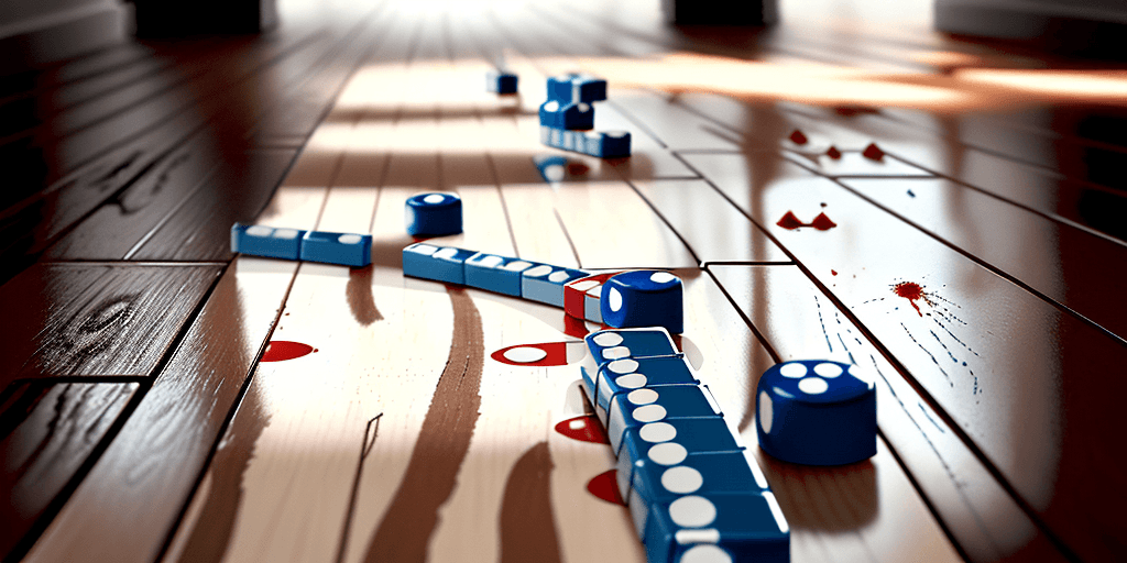 AI generated: A trail of dominos set up to create a chain reaction on a hardwood floor and the closest domino has ...