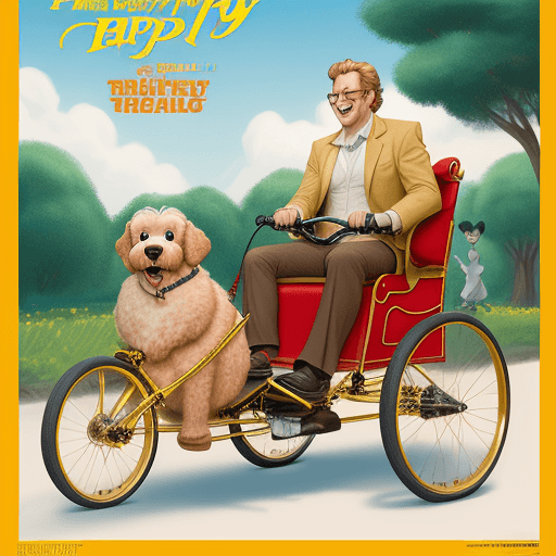 AI generated: Disney movie poster, a man walking a golden doodle with a recumbent trike as people cheer, titled HA...