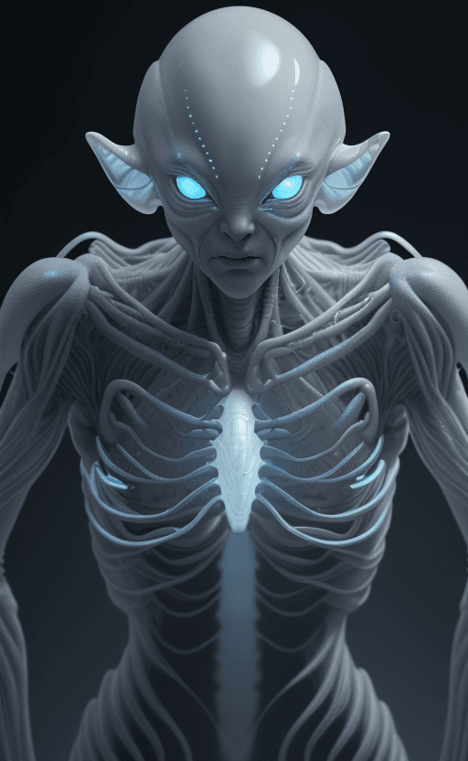 AI generated: gray translucent alien, blue glowing eyes, bio engineered, covered in glowing veins that pulse with ...