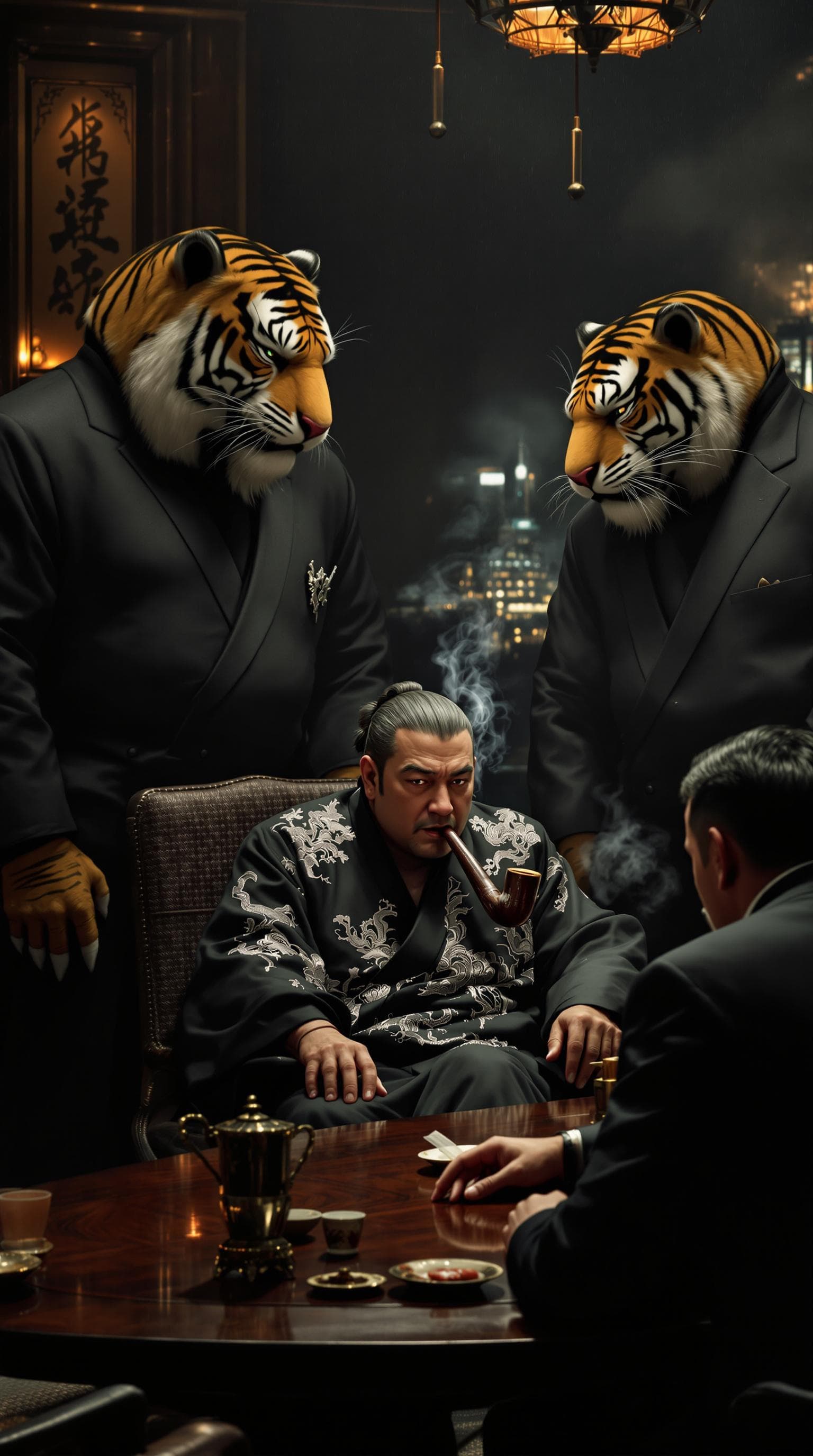 AI generated: Inside a lavish, dimly lit penthouse overlooking Tokyo, a Yakuza crime lord sits at a low wooden tab...