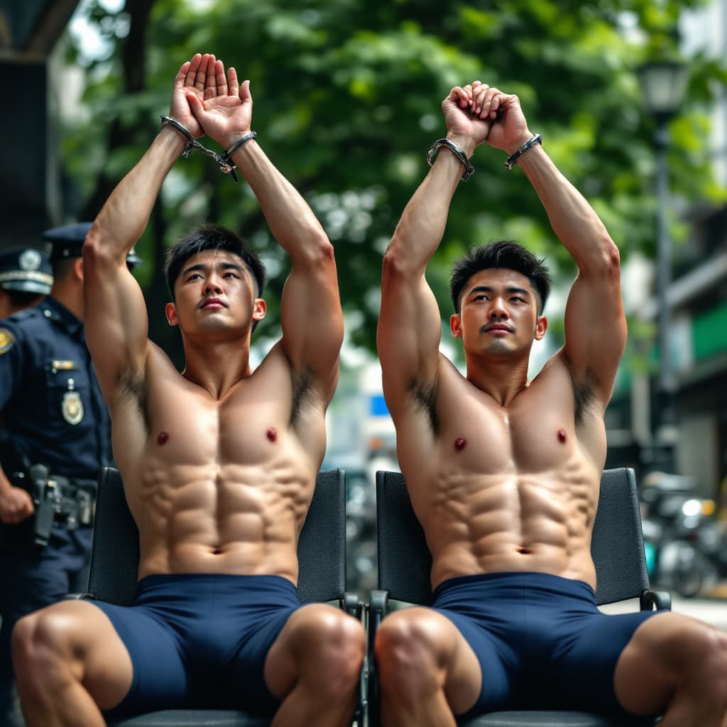 AI generated: Two male Chinese criminals strong  wearing compressive cycling shorts in light navy color in day tim...