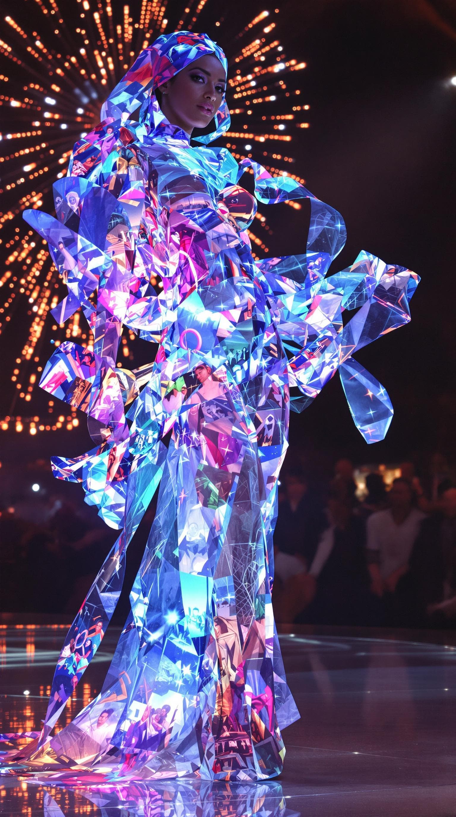 AI generated: A beautiful woman performing on a futuristic stage, her body wrapped in holographic ribbons that pro...