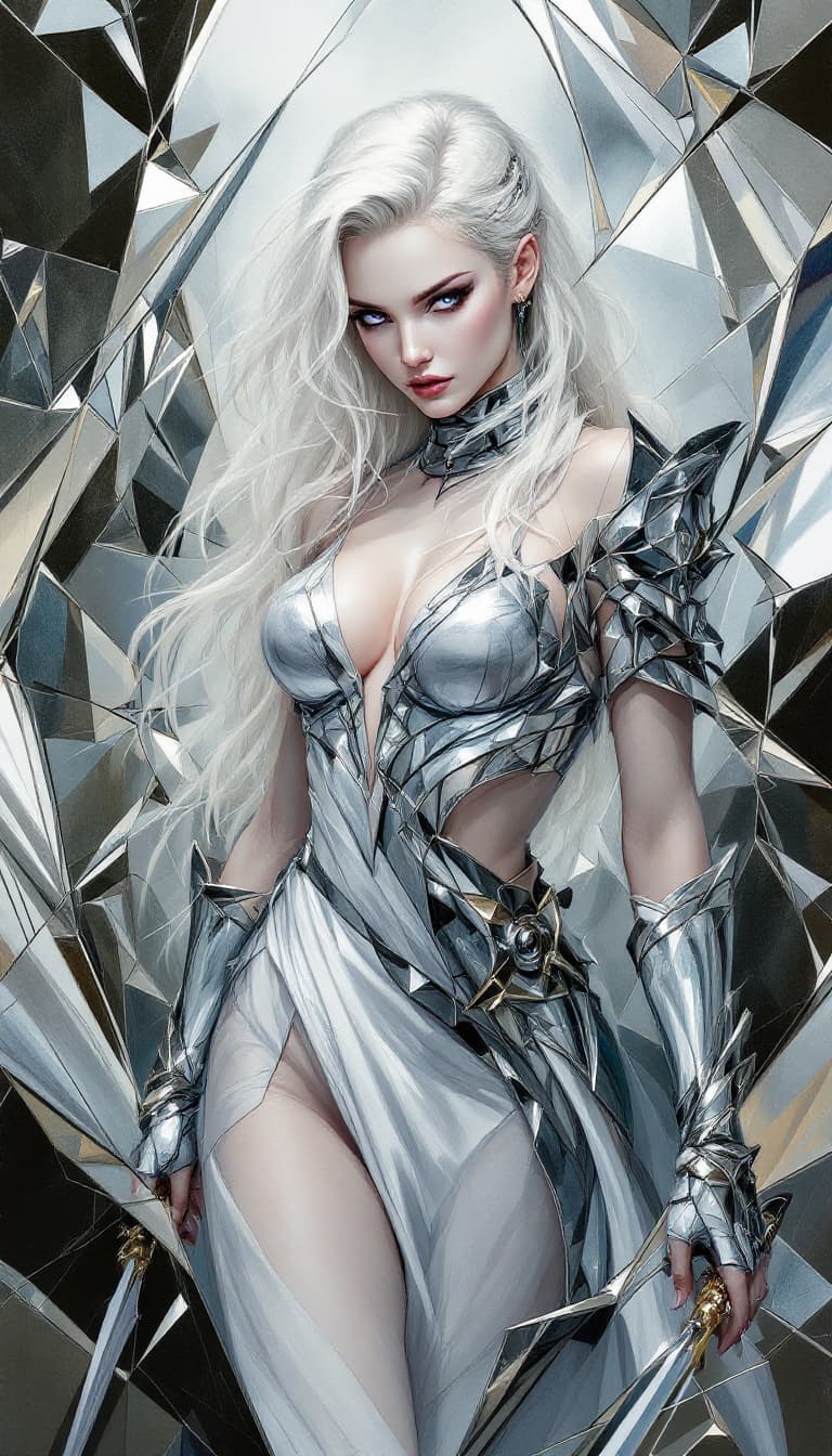 AI generated: "Silvered Duelist in a Fractured Mirror": A powerful abstract painting showcases a duelist, exuding ...