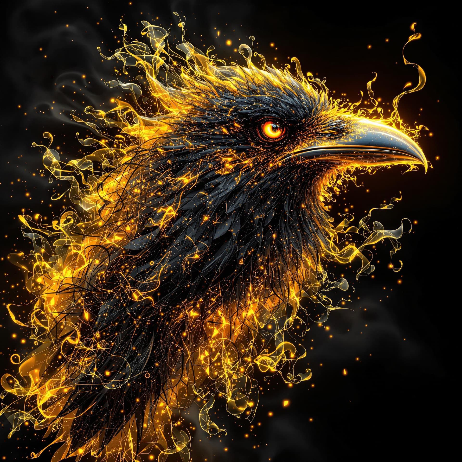 AI generated: A highly detailed artistic fibonacci render of a crow made of black and yellow fire, ferrofluid, psy...