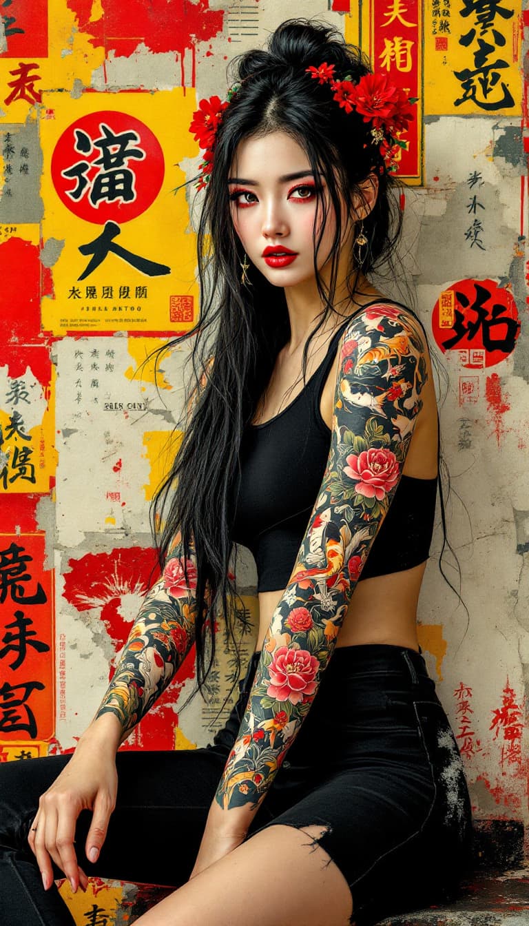 AI generated: (((full body view))) long, flowing black hair with loose, messy bun adorned with small red flowers, ...