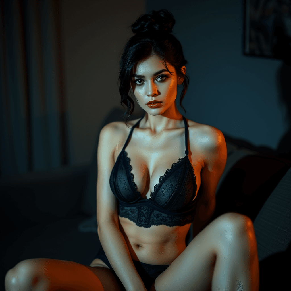 AI generated: **Subject**:  
A woman with soft, wavy black hair tied in a neat bun. She has piercing perfect eyes...