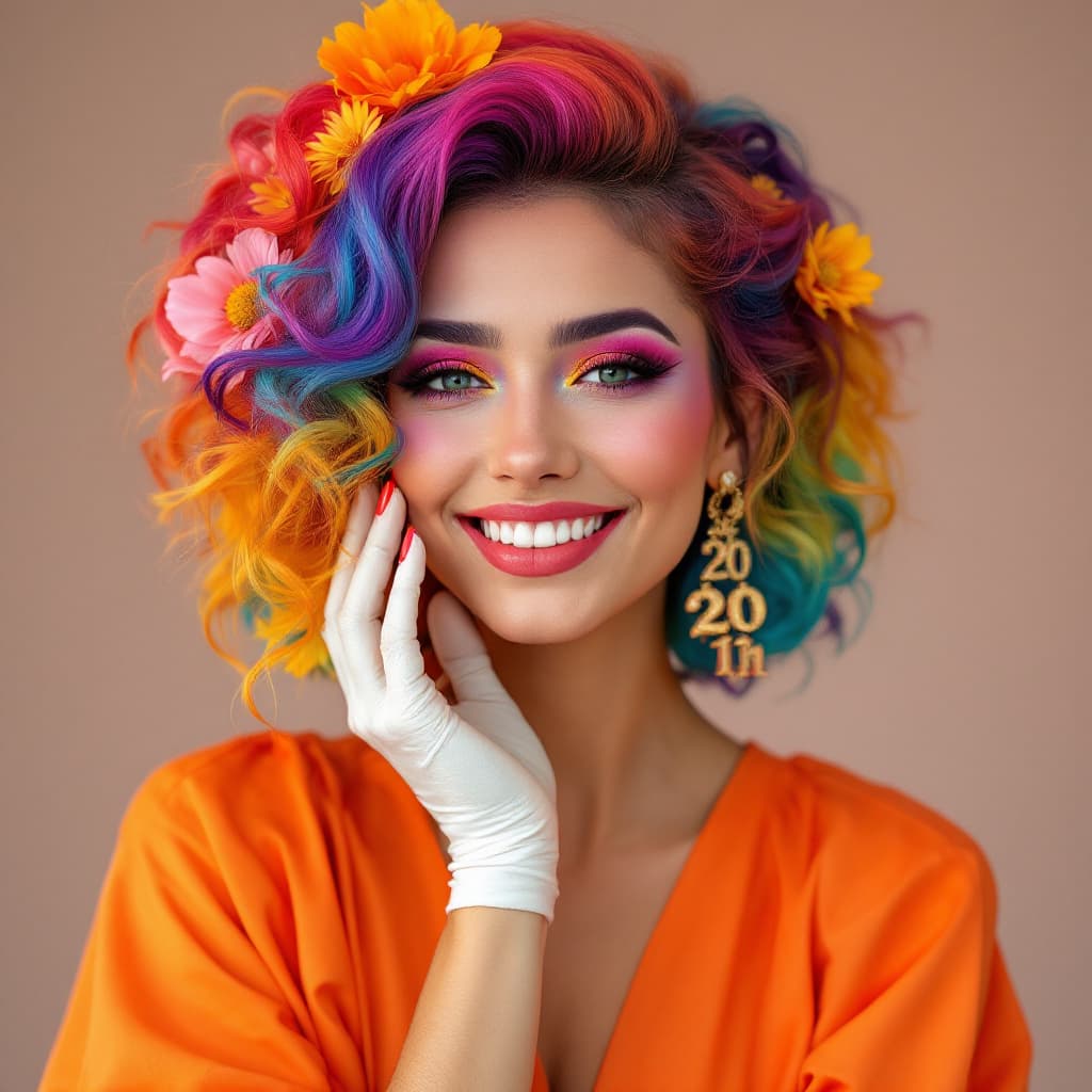 AI generated: Mulher jocem de 20 anis de idade palhaço, com maquiagem colorida vibrante e sorriso amigável, exibin...