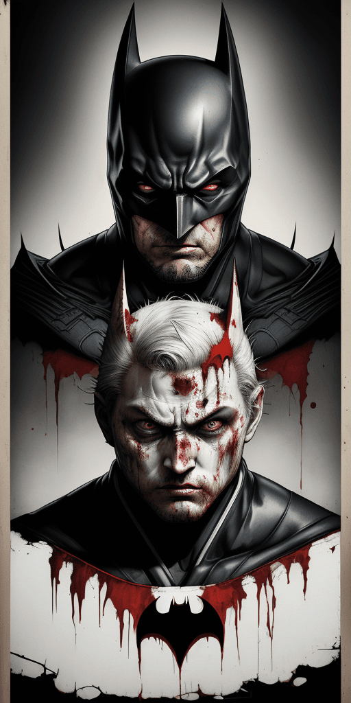 AI generated: Large white border all round. Overlay Japanese gorecore type. A 16k poster with of Batman extremely ...