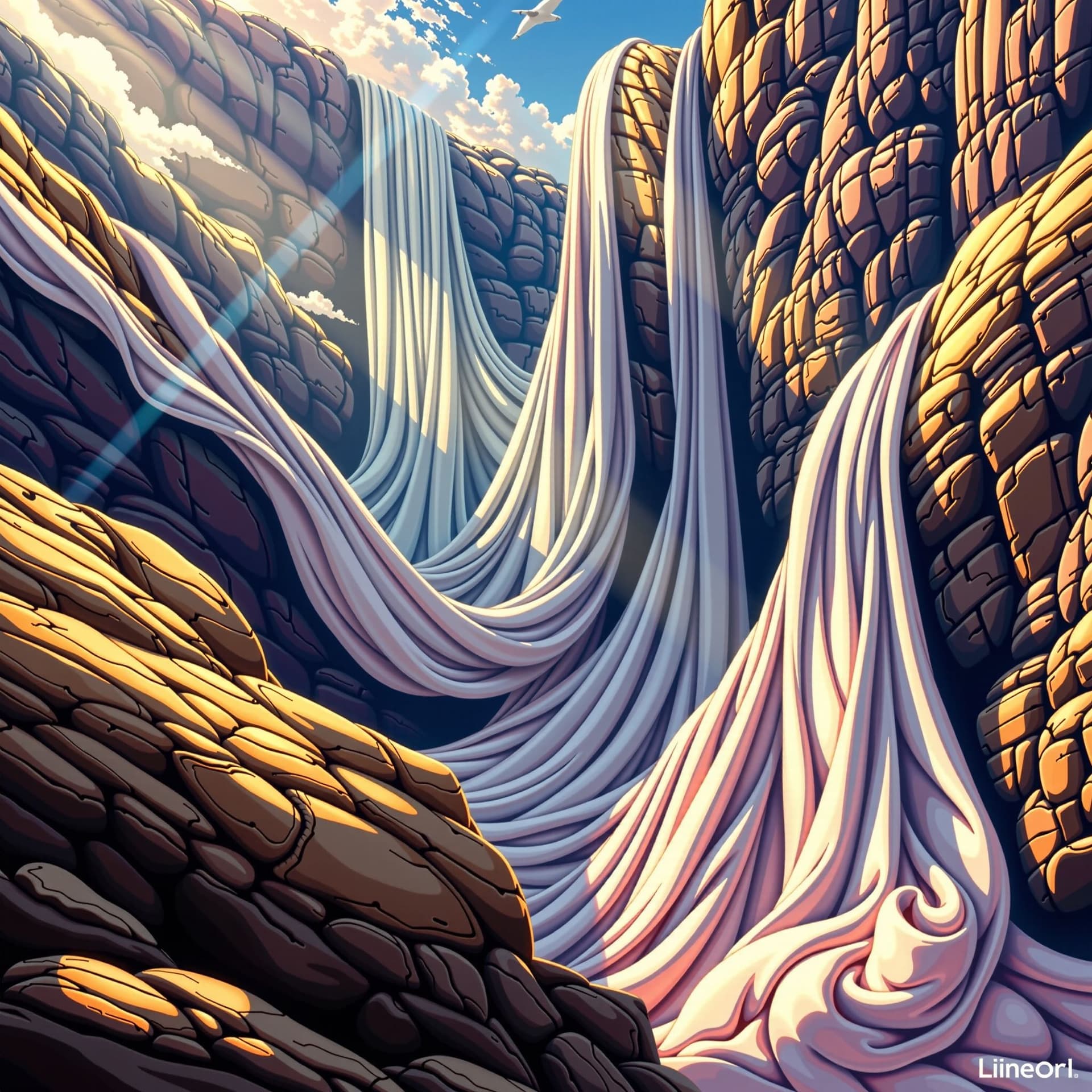 AI generated: "A cascade of giant silk fabrics flowing through a canyon, colored by shifting light beams, surreal ...