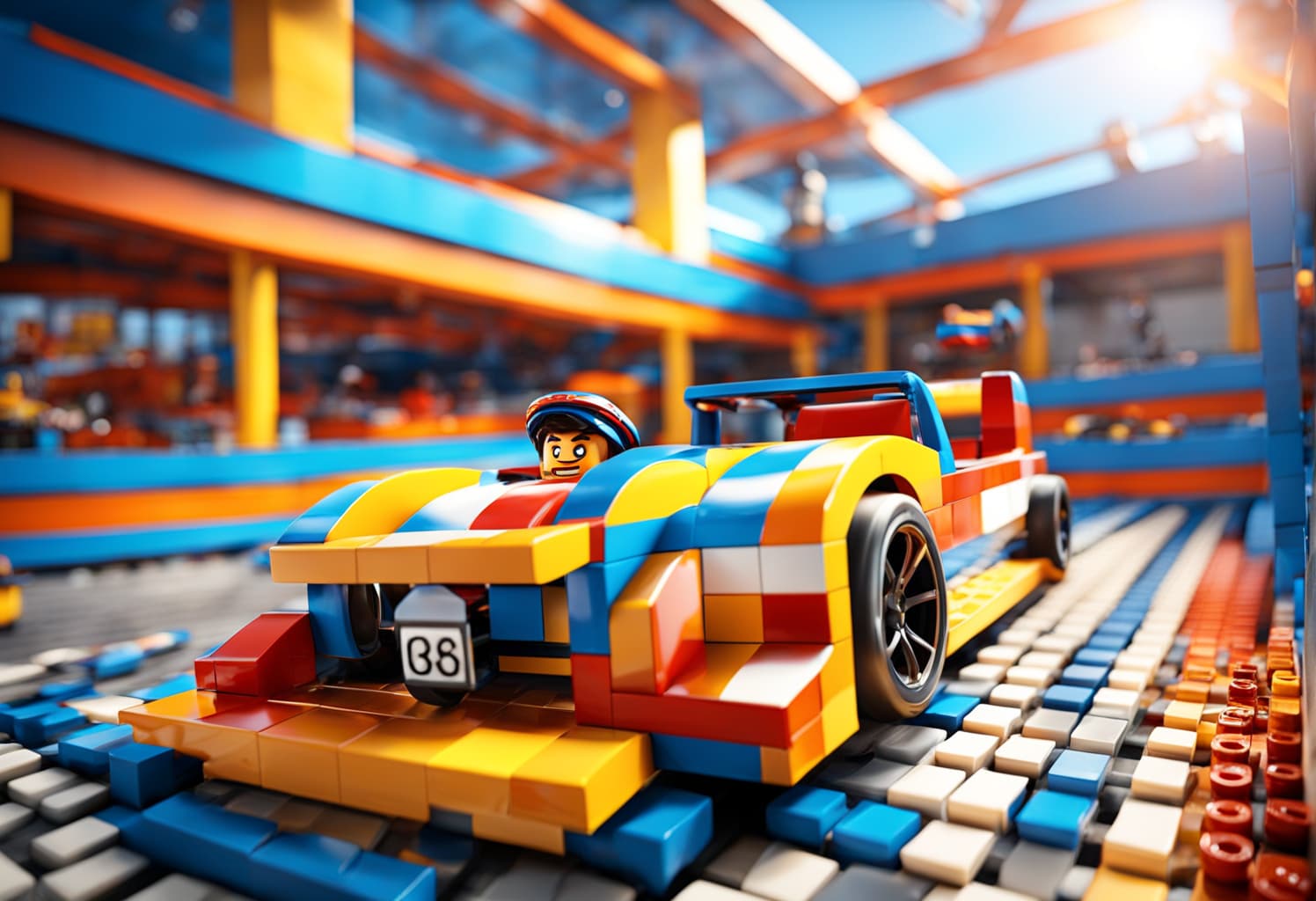 AI generated: cinematic CG 8k wallpaper, action scene from Hot Wheels tabletop racing game, (lego style), bogus ro...