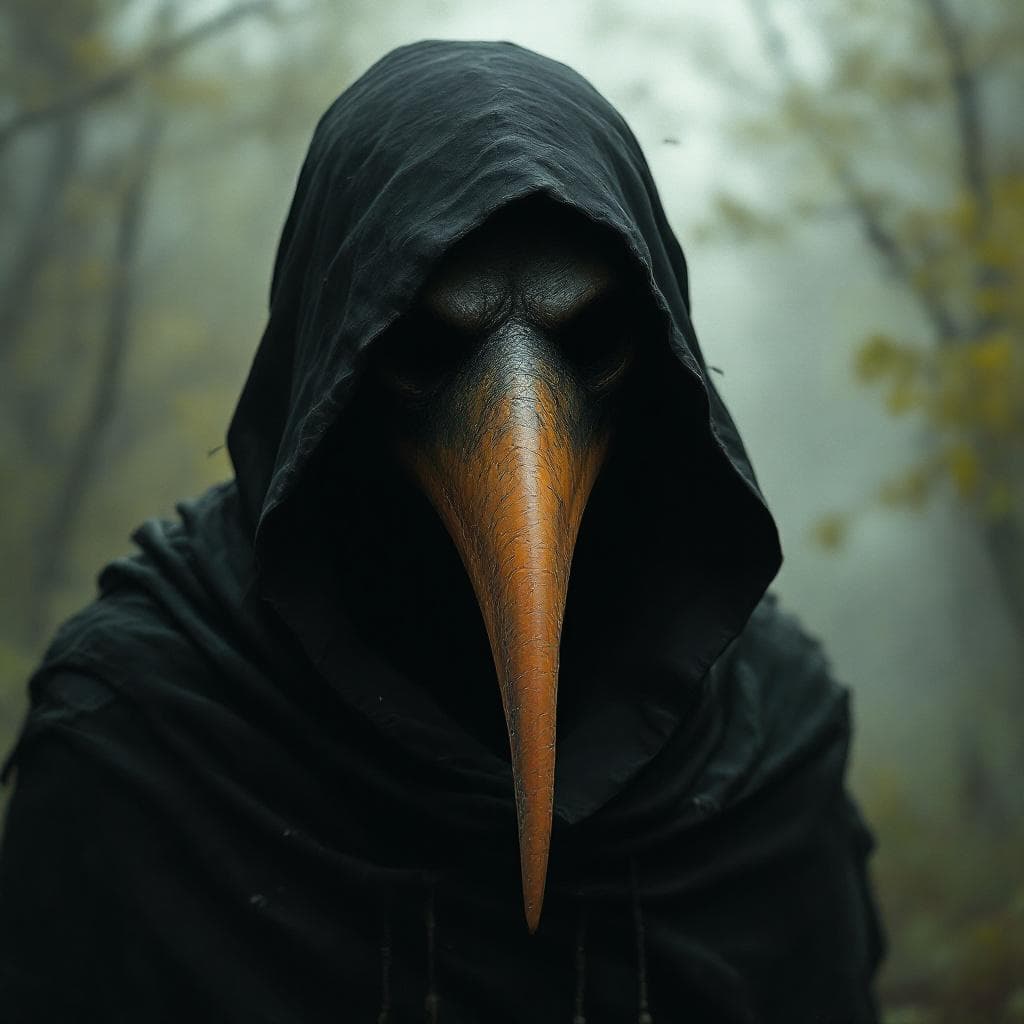 AI generated: slight expressionist-like  hooded figure with a long-beak speaks "Vernon", grimdark apocalyptic worl...