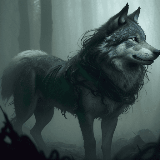 AI generated: a high quality cinematic scene of a wolf, circular pupils, round iris, silver wavy hair, filmed on S...