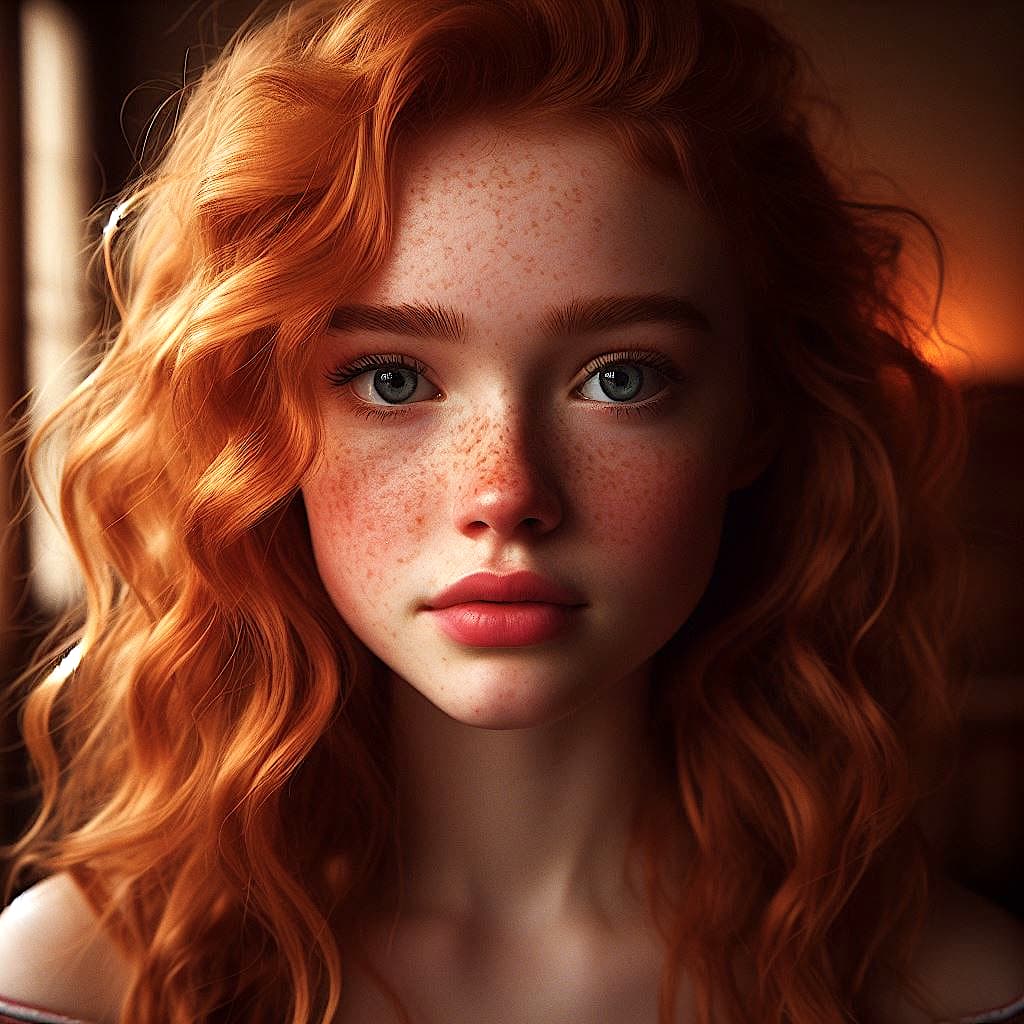 AI generated: A realistic portrait of an Irish teen girl with wavy red hair and freckled face, delicate features, ...