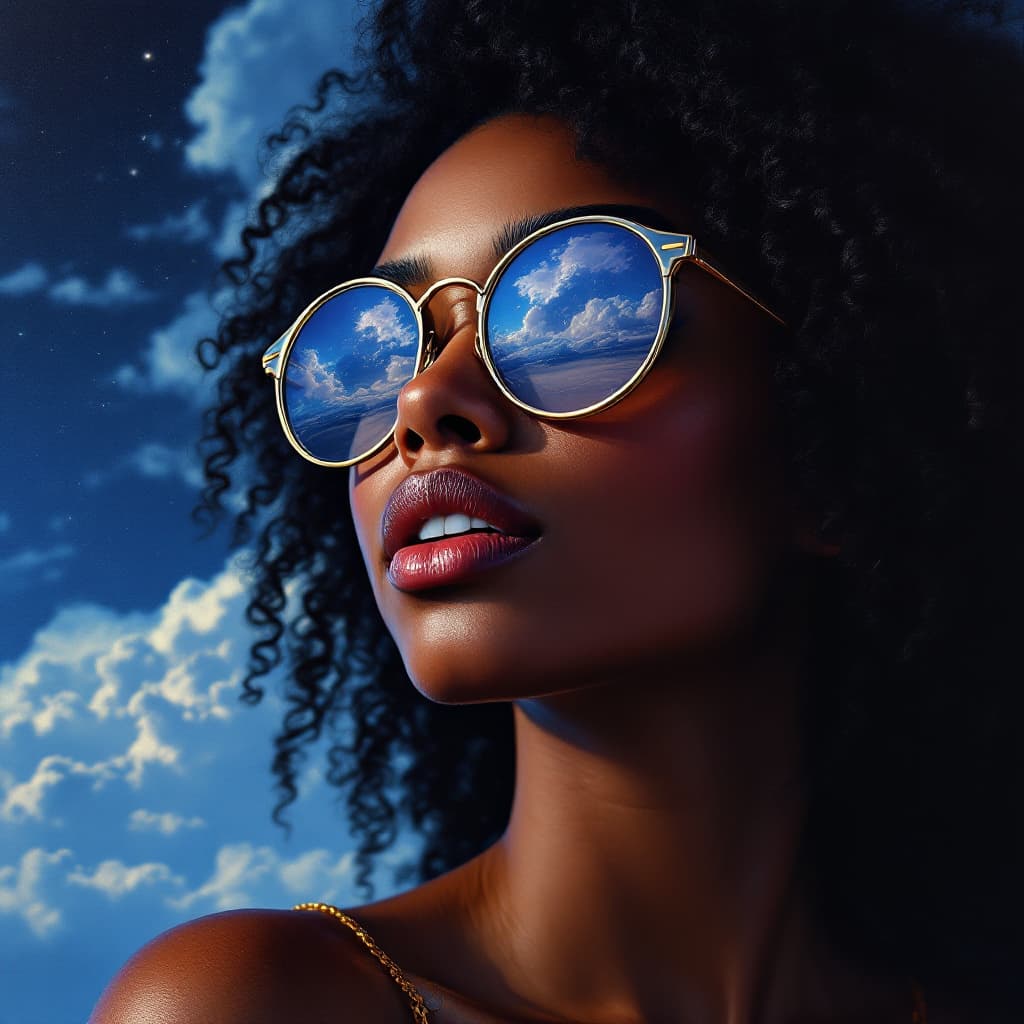 AI generated: portrait of a young african woman with black long curvy hair wearing round glasses, a night sky and ...