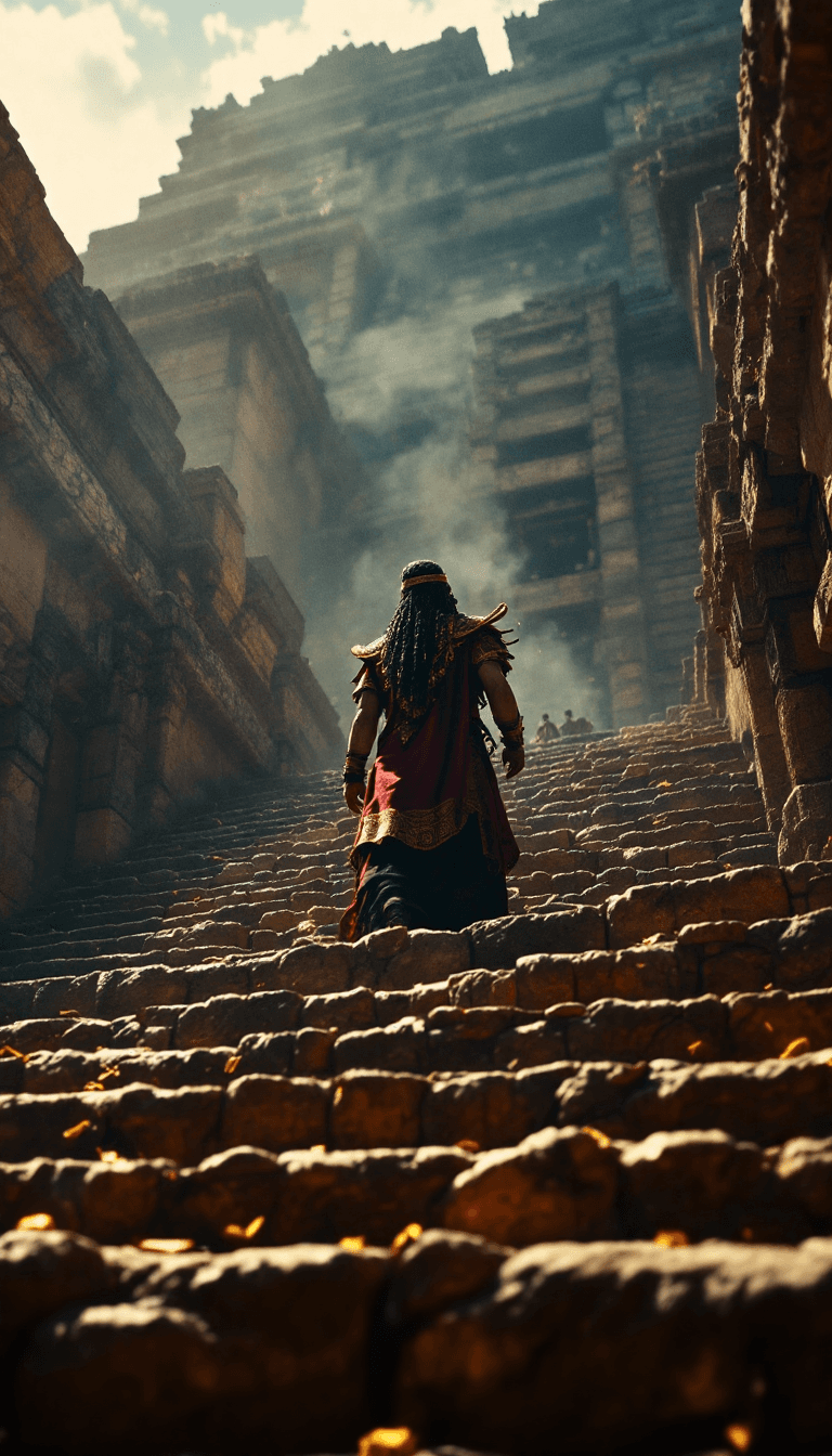 AI generated: Cinematic shot of a history movie, Aztec priest, temple steps, pre-Columbian Mexico, high noon, Azte...