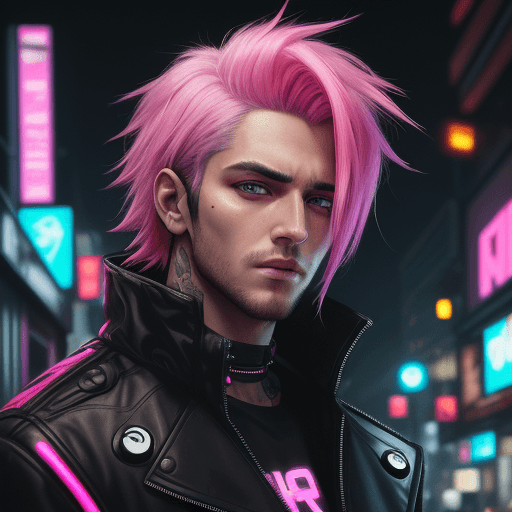 AI generated: A man with a handsome face and beautiful sleepy eyes wearing a black jacket and bright neon pink hai...