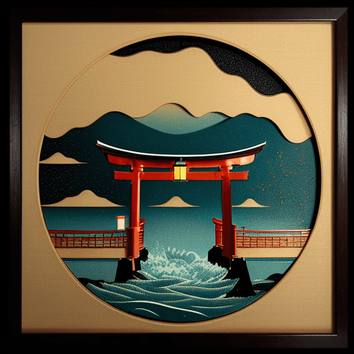 AI generated: modern shin-hanga style shadowbox art of torii gate in the water, by Kawase Hasui, woodblock print, ...