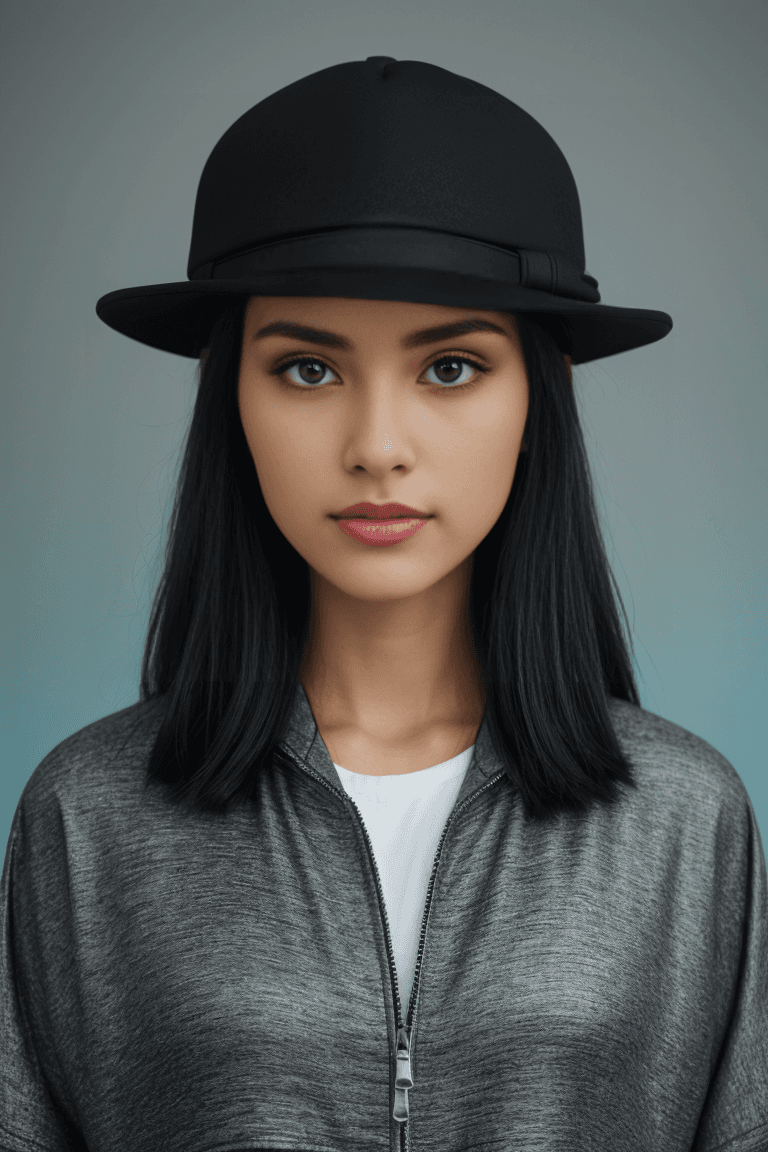 AI generated: photo. black jacket,hat, style of mashup, edgy, soft-focus, dark white, cyan, soft edges,