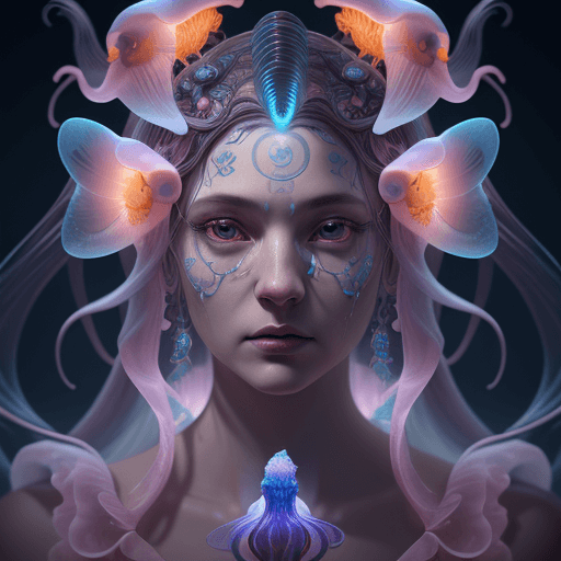 AI generated: Goddess close-up portrait ribcagel. jellyfish phoenix head, nautilus, orchid, skull, betta fish, bio...