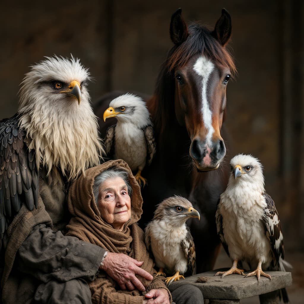 AI generated: Create a photograph of a family consisting of a 92-year-old male bird, an 84-year-old female bird, a...