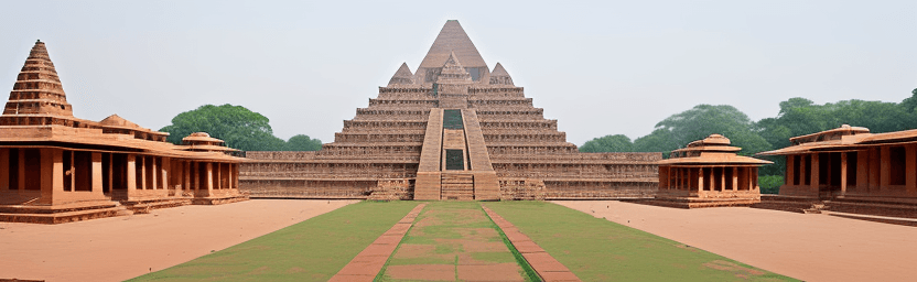 AI generated: Pyramids, Minakshi Temple India and Nalanda University images stacked side by side with blended edge...