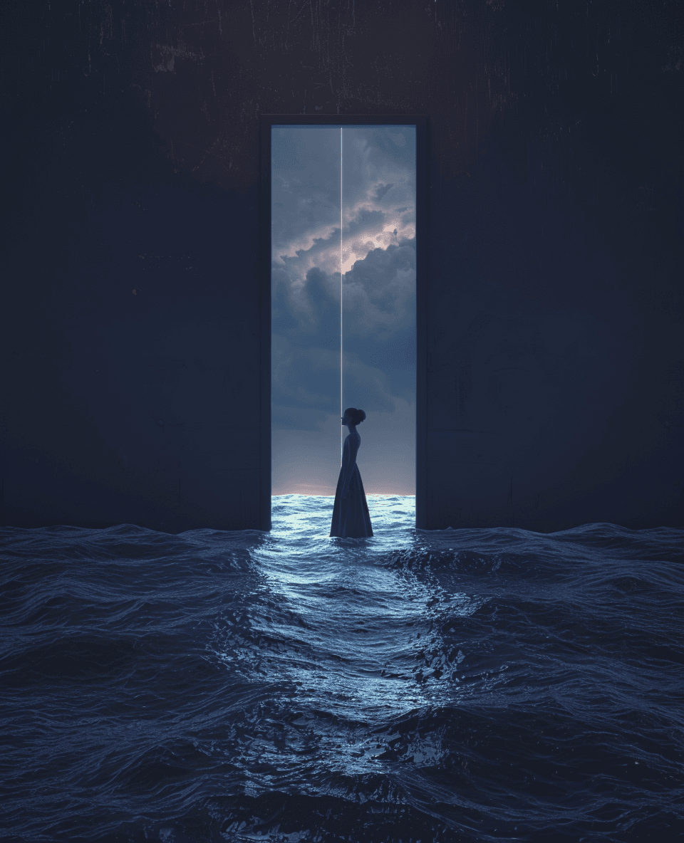 AI generated: a woman in the middle of an ocean with light shining through, minimalism, dark blue background, surr...