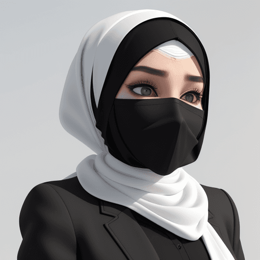 AI generated: A serious-looking hijab woman with black hijab, white jacket and black scarf, white cloth and white ...