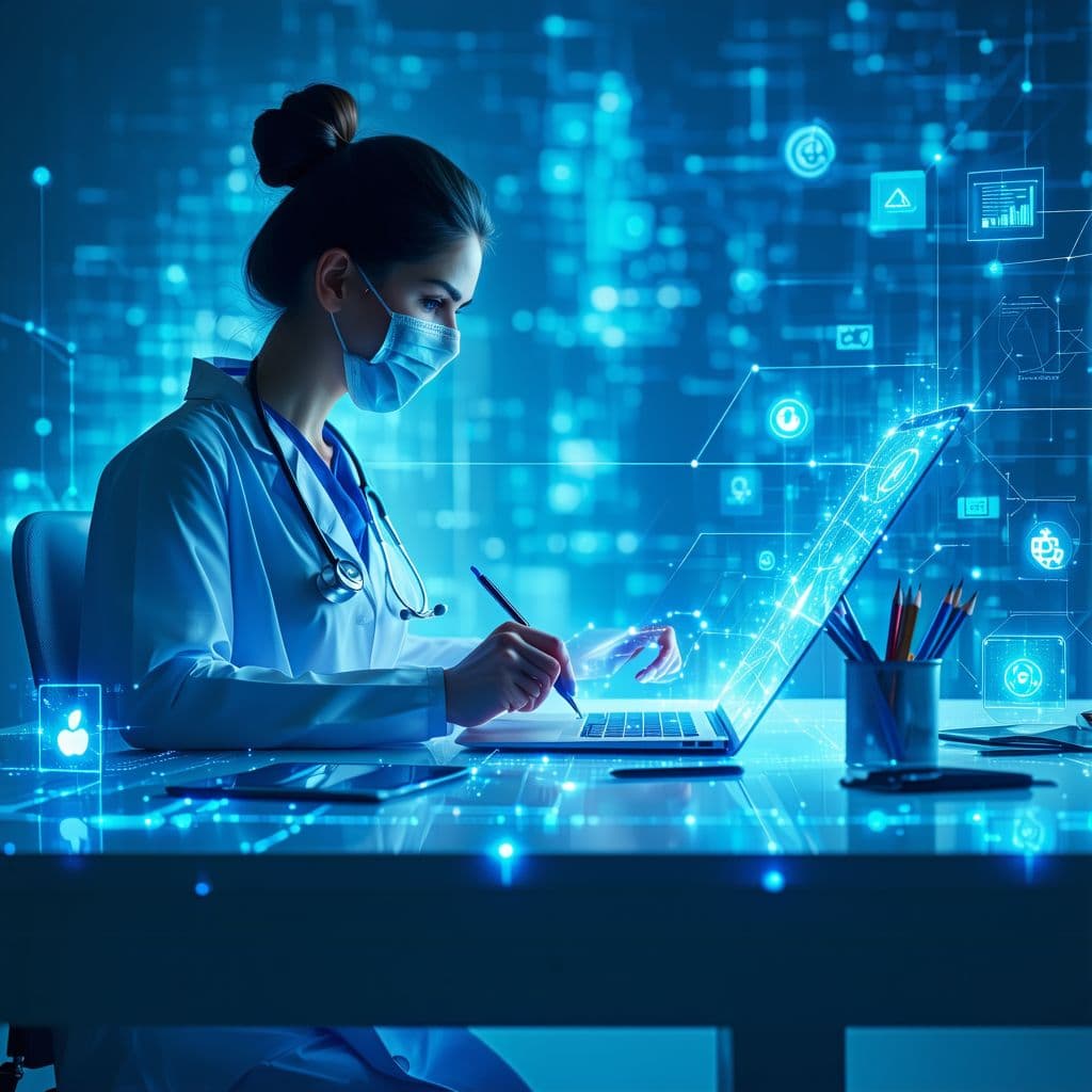 AI generated: Minimalist Apple-style tech poster, doctor and CSM connected by glowing digital network lines, futur...
