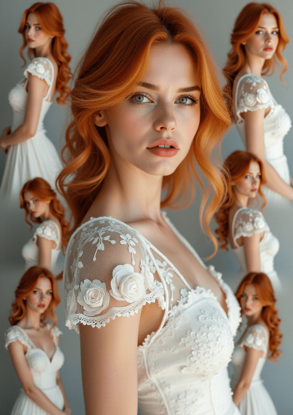 AI generated: ((Collage of photos)) of a woman with reddish blonde hair wearing a (white lace dress with flowers) ...