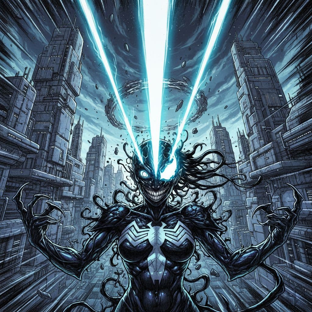 AI generated: Tsutomu Nihei style, beautiful demon girl, symbiote, venom, marvel graphics, futuristic style, Sci-f...