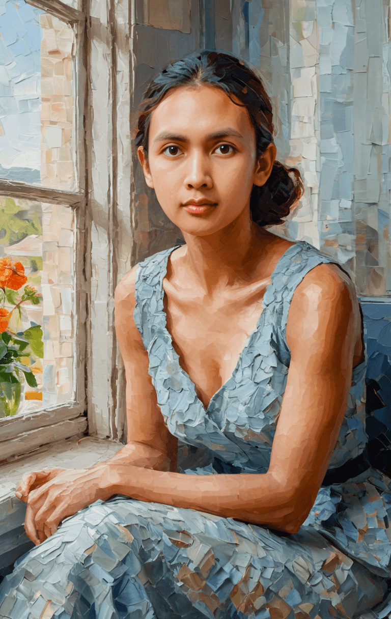 AI generated: a painting of a woman sitting near a window, in the style of beautiful women, playfully intricate, h...