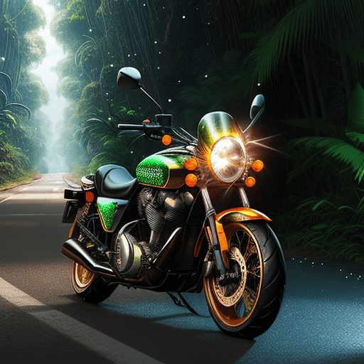 AI generated: Motorcycle on road in the Jungle, realistic, glitters