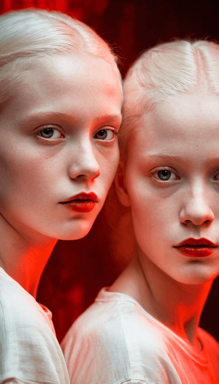 AI generated: Fashion photography, close portrait of two albino twin sisters in red light at night club, volumetri...