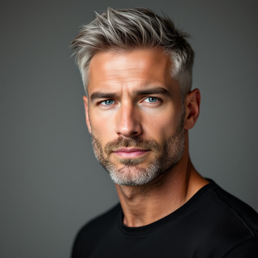 AI generated: Portrait of a 45-year-old white American man, pale skin, neat salt-and-pepper side part, light beard...