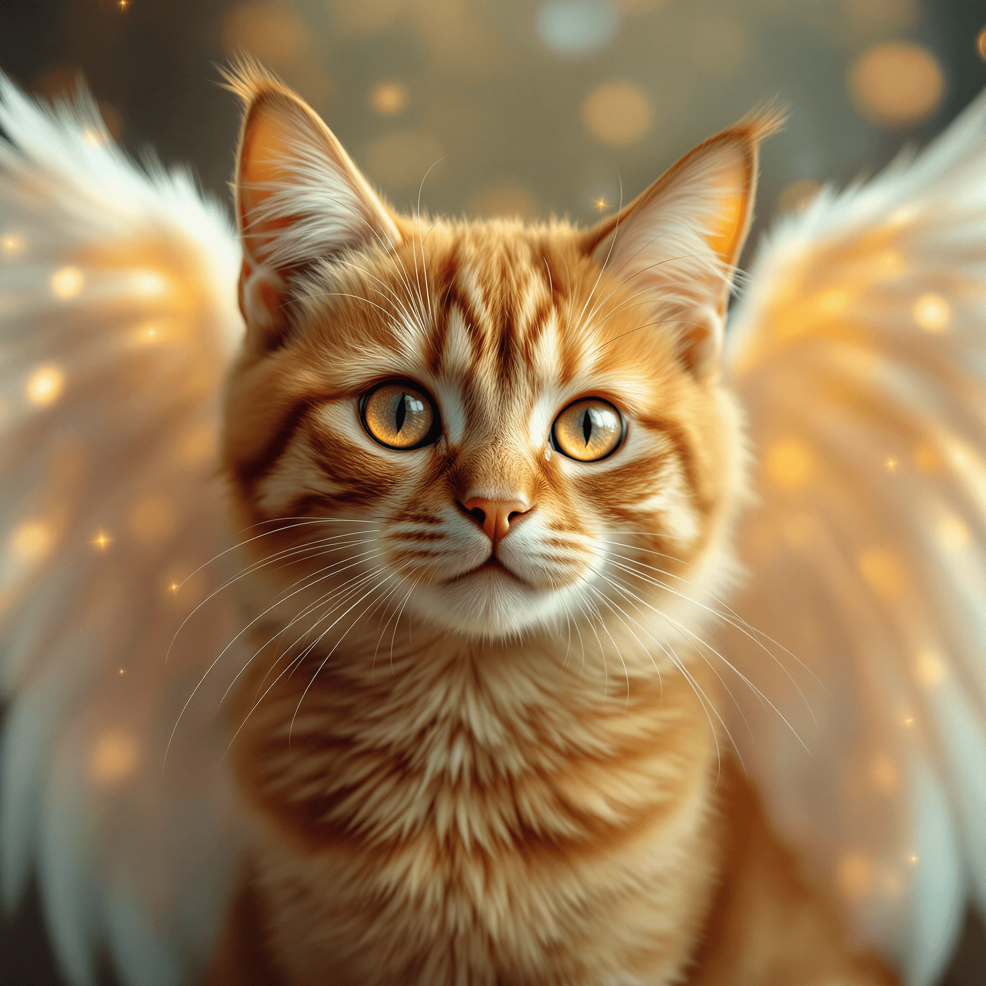 AI generated: realistic portrait of an orange cat, bright eyes, with angel wings, radiant and ethereal intricately...