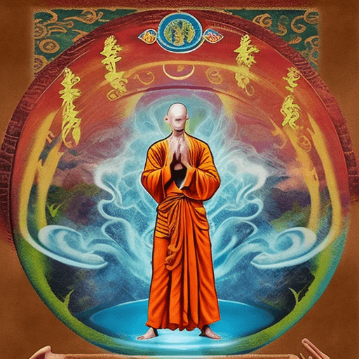 AI generated: Capture the essence of a mystical midjourney scene featuring a funky-looking monk standing proudly b...