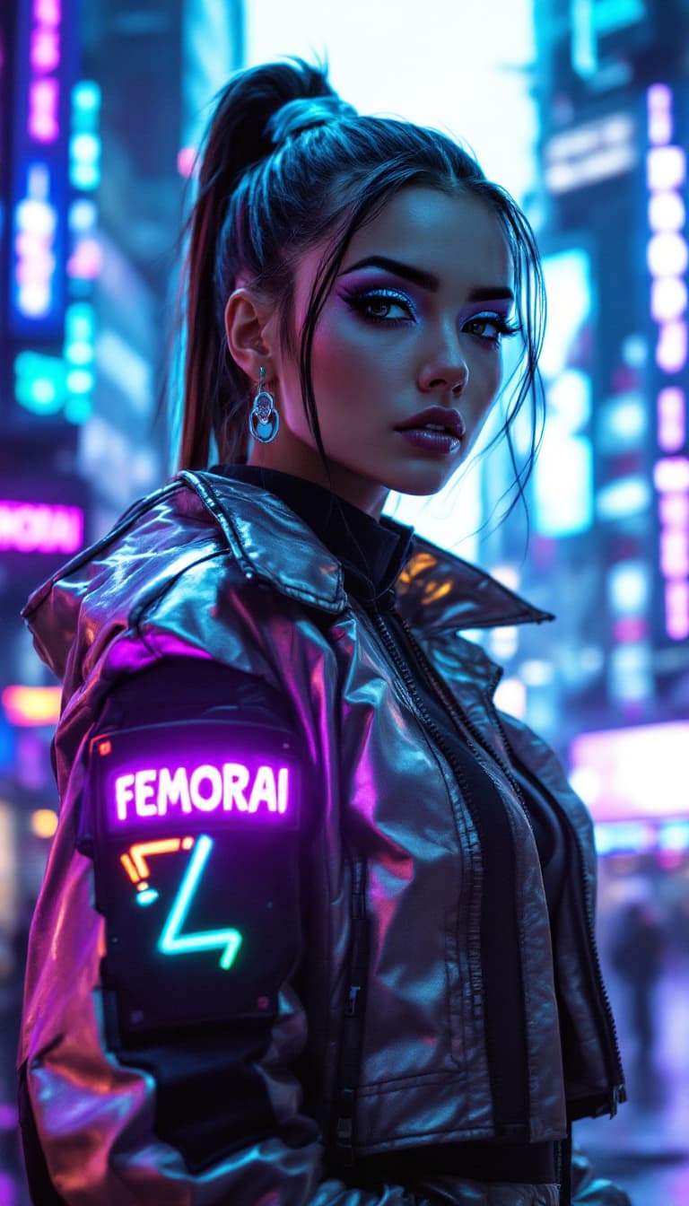 AI generated: A futuristic-themed portrait of a girl wearing a neon-accented metallic outfit. Her jacket has a glo...