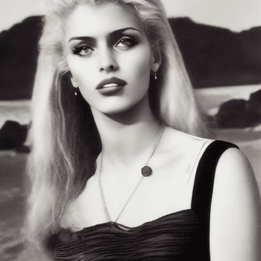AI generated: a woman in a black dress posing for a picture, italian beach scene, small blond goatee, eighties loo...