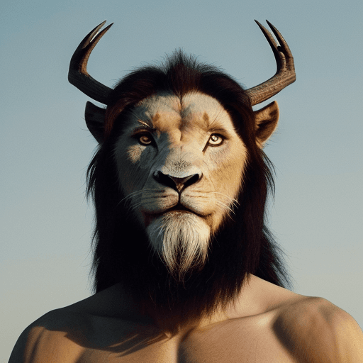 AI generated: He is NOT a human, he is dragon like. His head is horse-like. He has a deer antler on the right, a b...