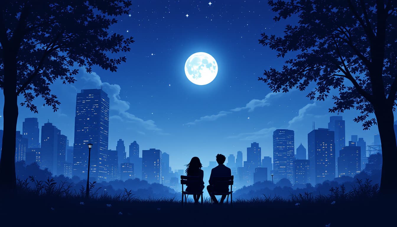 AI generated: anime styles a silhouette couples sit down in chairs  in the middle of quite public city park under ...