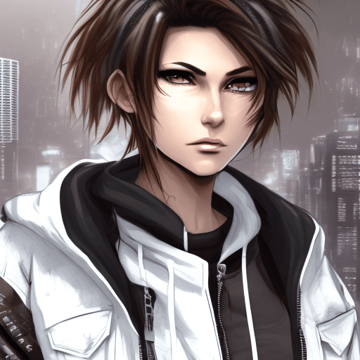 AI generated: Adult female (About 19) with brown short fluffy tomboyish masculine hair, messy and flowy, with some...