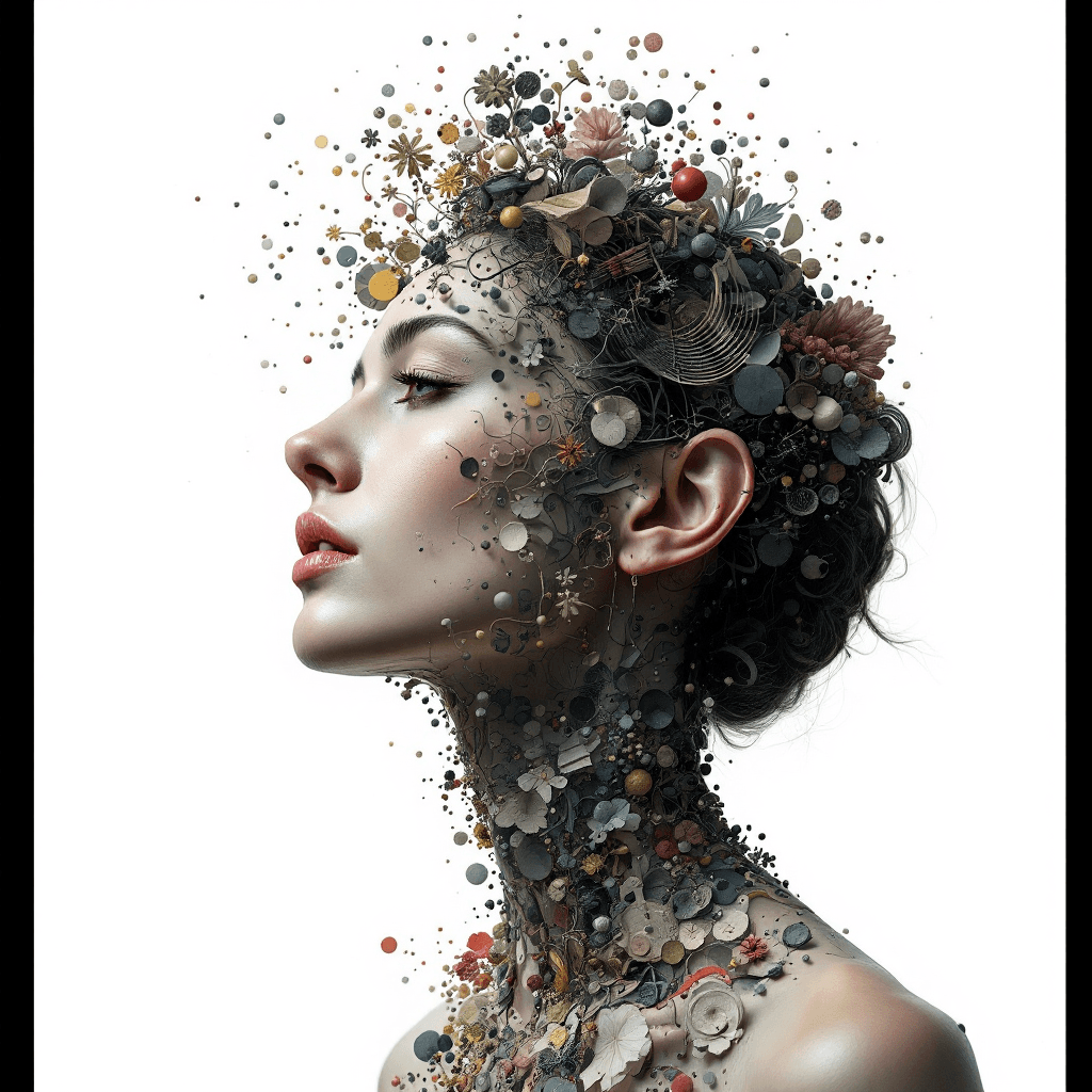 AI generated: A woman's body as layers of abstract elements, each a different emotion, rendered with photorealisti...