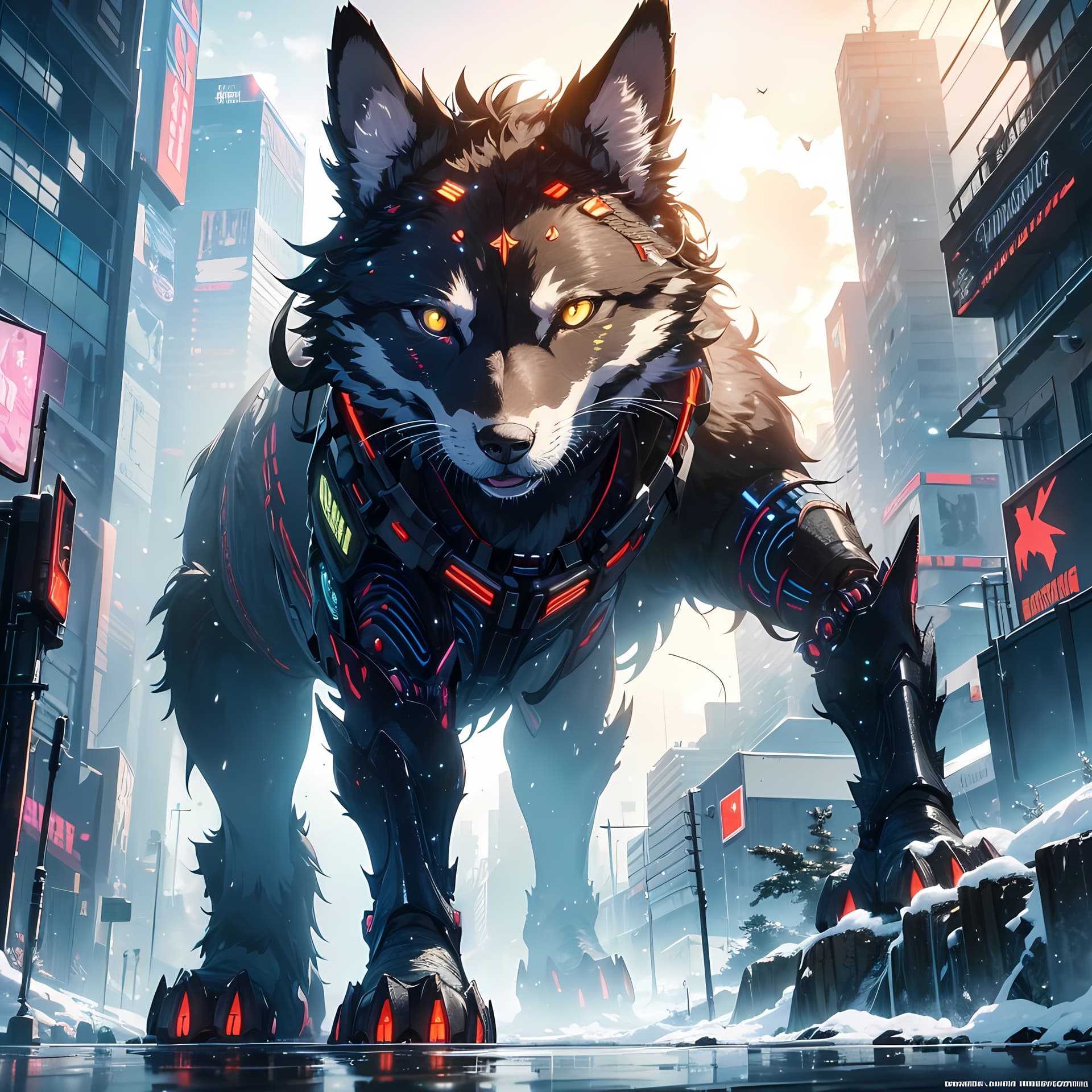 AI generated: scenic view landscape cyberpunk city of highly detailed water color pastel mix ultra realistic, robo...