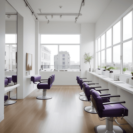 AI generated: minimalist hair salon and a barber, filled with natural light on a sunny city morning, white-washed ...