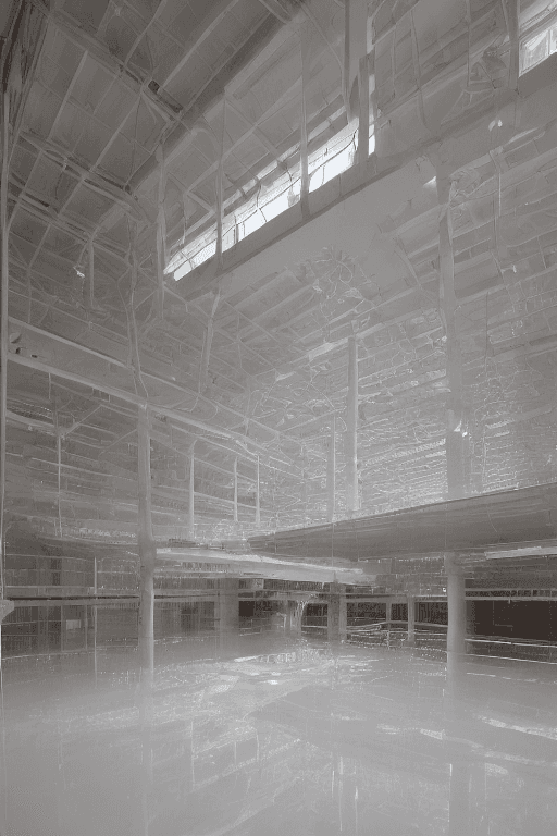 AI generated: High resolution photography interior design, Interior view of a white, huge and very high industrial...