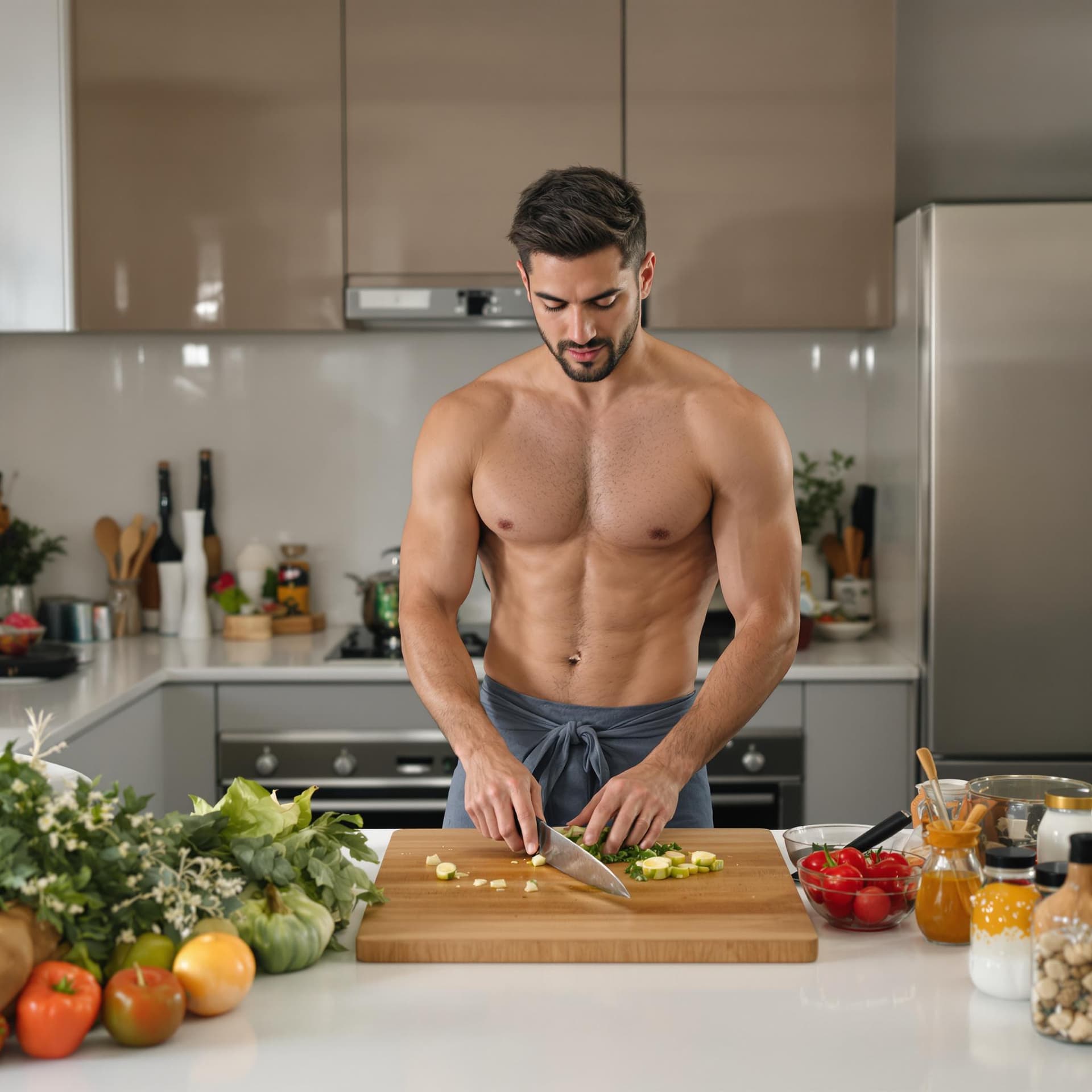AI generated:  handsome 29-year-old European man, with chiseled features and well-groomed hair, stands in a modern...