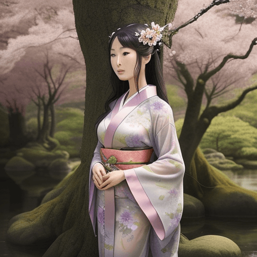 AI generated: The image features a beautiful Japanese woman wearing a seethrough kimono, which is a long, flowing ...