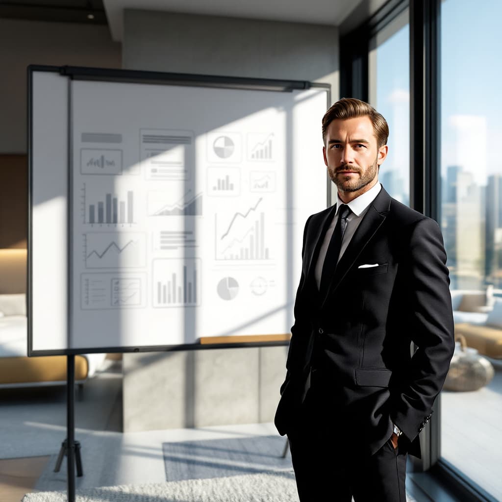 AI generated: A confident businessman in a tailored suit standing in a modern office, with a whiteboard full of bu...